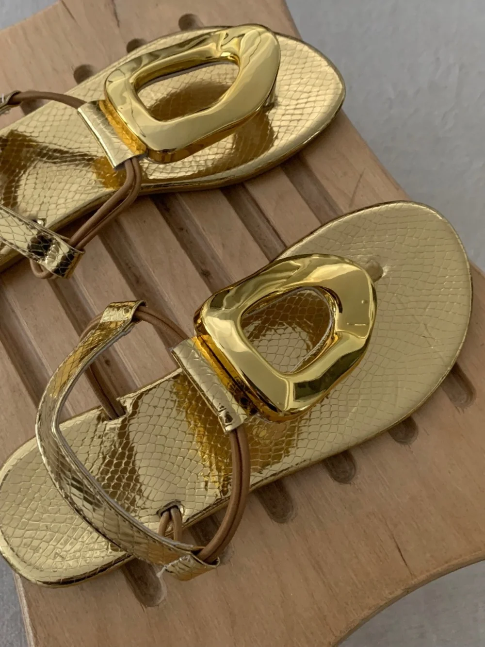 Gold Metallic Slingback Thong Sandals Size 37 Statement Ornament Flats